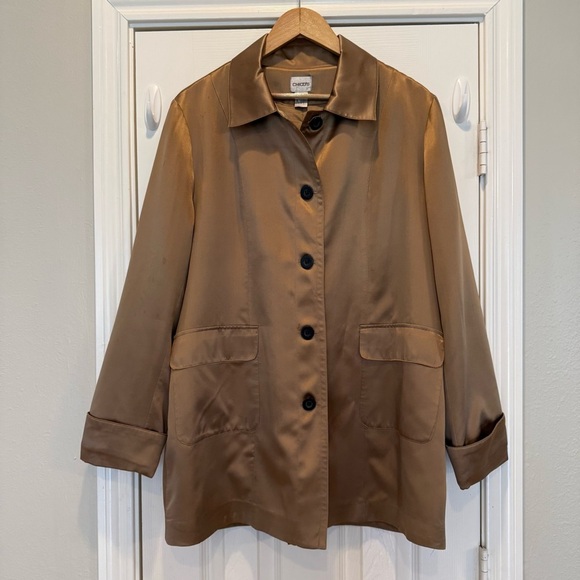 Chicos 100% Silk Pea Coat Jacket Women’s Large (2) Gold Tan Classic Elegant Luxe - Picture 1 of 10